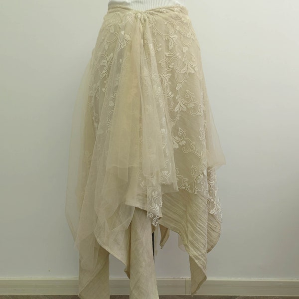 3 Layers Linen skirt with Tull lace  Tulle skirt tutu skirt multi layered skirts Linen skirt Linen dress