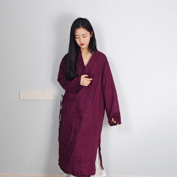 Abito Hanfu in lino, lino, maniche a kimono, abito lungo, abito a maniche lunghe, abito maxi, abito da soggiorno in lino, camicia Hanfu, abito lungo, pigiama