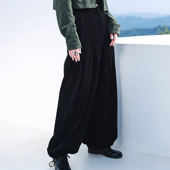 Black Corduroy Pants Wide Leg Corduroy Velour Pants Adjustable Waist Band  Drawstring Detail Hem Neza Studio Harem Pants Unisex Trousers -  Hong  Kong