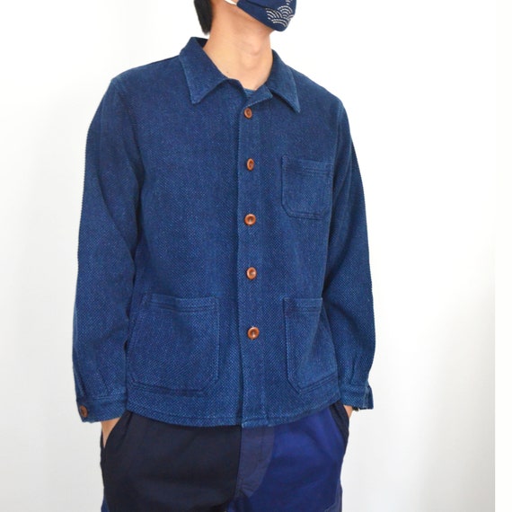 Indigo Blue Hand Dyed Sashiko Workwear Jacket Retro Work | Etsy