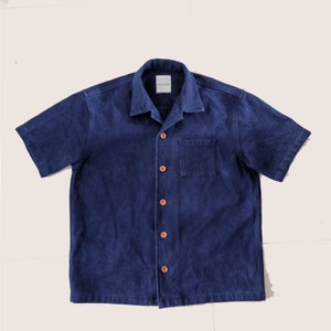 Sashiko shirt Neza Studio Cotton sashiko fabric thick Shirt Unisex Short Sleeves Pocket Shirt Indigo  Retro Shirt thick Hawaii Shirt