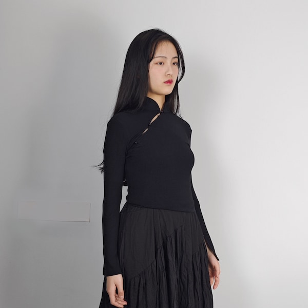 Black jersey top qipao details with horrow cut snug fit qipao blouse jersey qipao top Chinese style top Chinese style blouse