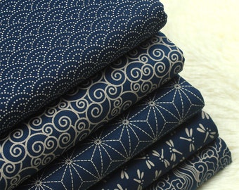 Japanese Fabrics Navy Cotton Linen Blended Prints Half Yard/ One Yard Unit