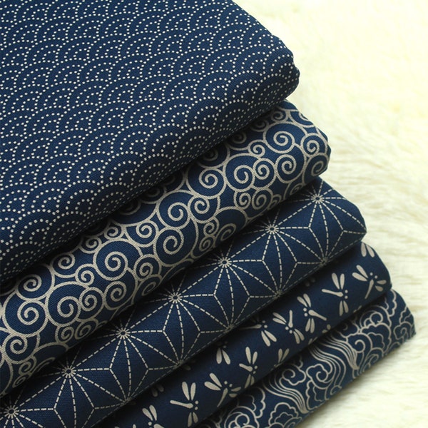 Tissus japonais Navy Cotton Linen Blended Prints Half Yard/ One Yard Unit