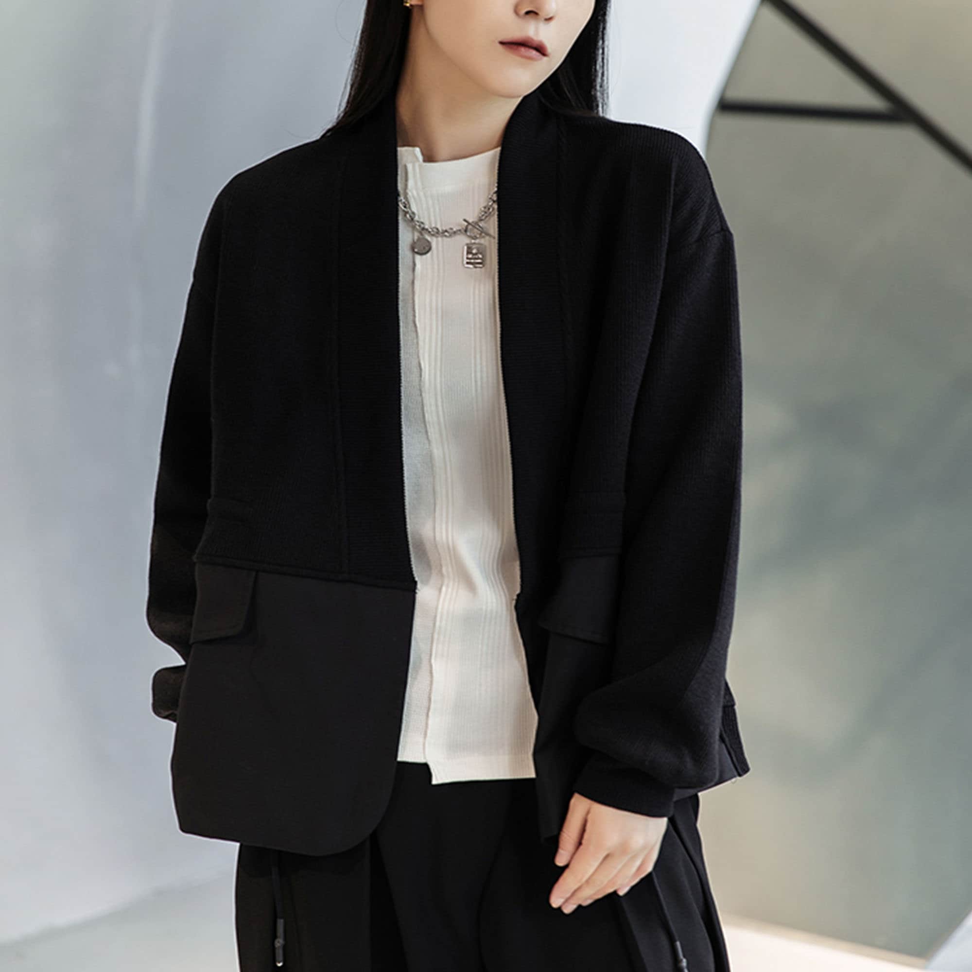 Sweater Blazer Black Jersey Blazer Patch with Suit Jacket Top Mix Design Black Top Spring Blazer Draw String Detail