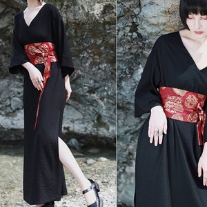 Black Kimono Dress With Belt Half Sleeves Kimono Dress With OBI Belt ...