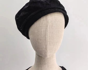 Black Corduroy Beret Hat Beaded Fringe Beret Head Cap Headpiece with Crystal Beads Hat Lace bere hat black lace hat