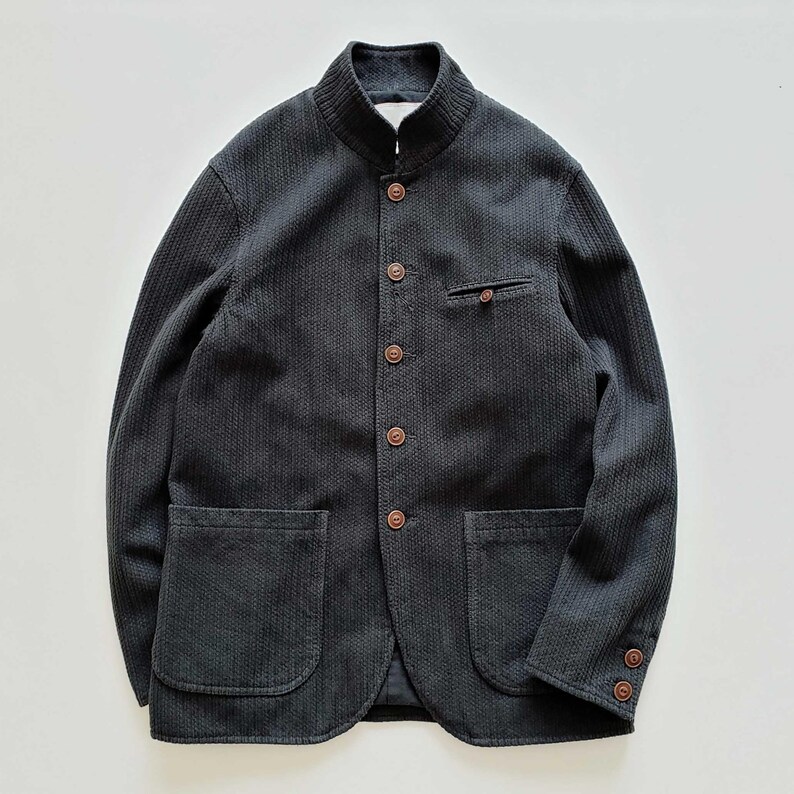 Retro French Work Jacket Thick Japanese Sashiko Fabric Unisex Tailored Jacket Washed Black Jacket Tailor made Fitted Jacket Workwear image 3