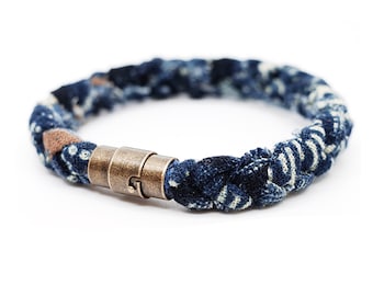 Neza Studio Hand Made Indigo Blue Bracelet Vintage Fabric Braided Unisex Kumihimo Bracelet with Copper Buckle Custom Made Size