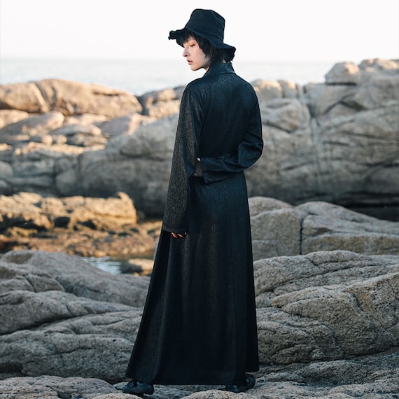 Kimono Style Black Dress With Vegan Leather Belt Long Sleeves Wrap