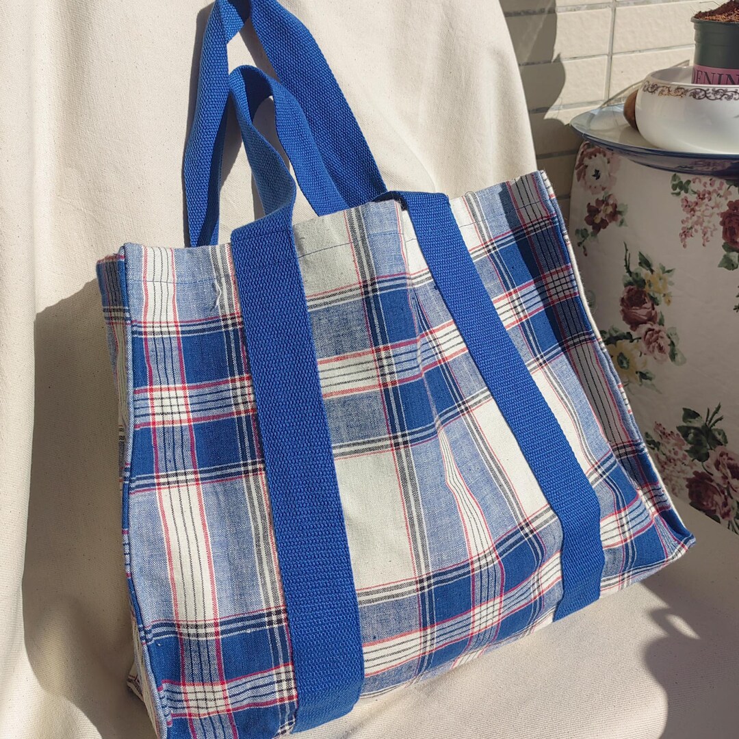 Hand Made Fabric Tote Thick Canvas Bag Vintage Fabric Plaid Tote