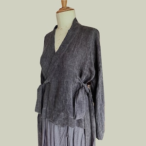 Linen Dark Gray women's blouse with extra long ties wrap style shirt with belts washed linen top for women linen blouse linen shirt linen