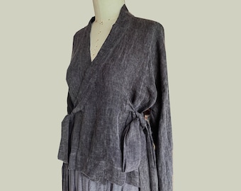 Linen Dark Gray women's blouse with extra long ties wrap style shirt with belts washed linen top for women linen blouse linen shirt linen