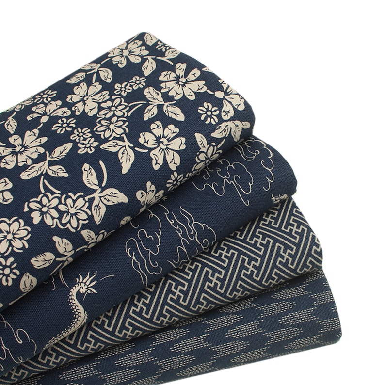 Japanese Fabrics Navy Cotton Linen Blended Prints Half Yard/ Etsy
