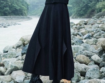 Black Wool Skirt Fitted Winter Skirt Long wool Skirt Sliced Skirt Wool blended Skirt A line fitted Skirt Panel skirt