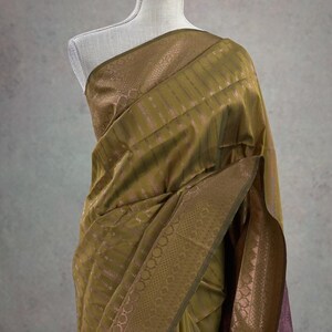 Kanchipuram Semi Silk Olive Green Saree for Women Silk Purple Border Sari for Indian Bride Wedding Sari Festive Party Bridal Zari Gold Sari