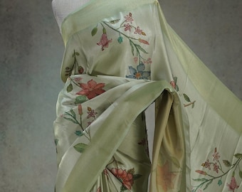 Sari con estampado floral brillante de satén verde pistacho, tela de blusa, sari de dama de honor nupcial india, fiesta de Bollywood, sari fácil de usar
