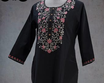 Pure Khadhi Handloom Cotton Black Kurti Palazzo Set | Embroidered Kurta Salwar | Indian Ethnic Wear | Women Cotton Embroidered Indian Dress