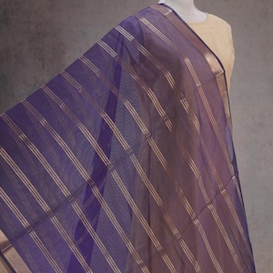 May include: A sheer purple scarf with gold stripes and trim. The scarf is draped, showcasing its flowing fabric and design. The scarf is a fashion accessory.