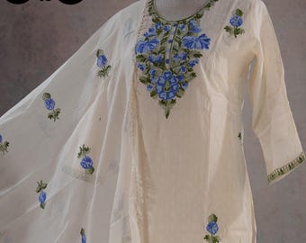 Embroidered Cotton Kurti Palazzo Dupatta Set, Indian Ethnic Dress