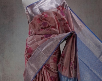 Sari tejido con estampado floral de seda semielegante SilverZari, sari de diseñador indio, sari de seda, sari para bodas, novias, fiestas festivas con borde azul