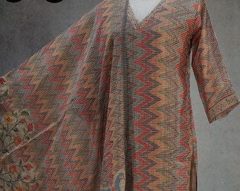 Kurti de lino con estampado floral de espiga y bordado Kantha, palazzo dupatta, estilo étnico indio para mujer, ropa festiva para fiestas, vestido informal de trabajo Kurti