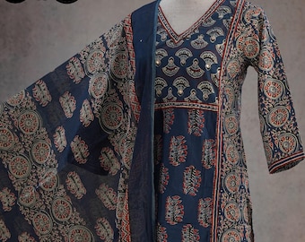 Pure Cotton Dark Blue Ethnic Jaipuri Print Kurta Palazzo Mul Cotton Dupatta set | Indian Ethnic Summer Wear Women Kurta Pakistani suit