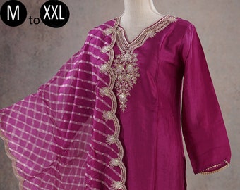 Silk Dark Magenta Burgundy Embroidered Bandhej Kurti Palazzo Dupatta | Indian Women Festive Party Wear | Silk Kurti Wedding Dress Kurta