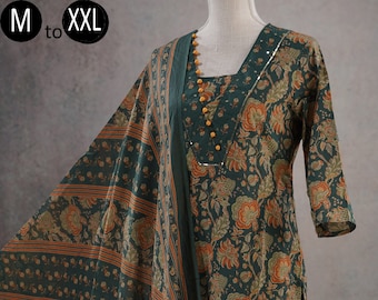 Pure Cotton Dark Green Ethnic Jaipuri Print Kurta Palazzo Mul Cotton Dupatta set | Indian Ethnic Summer Wear Women Kurta Pakistani suit