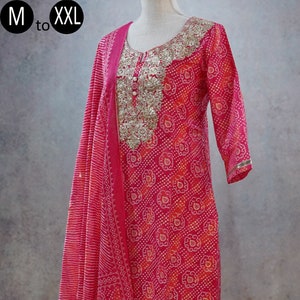 Pure Cotton Rani Pink Bandhini Bandhej Print Embroidered Kurti Pants Dupatta | Indian Ethnic Wear | Women Kurta | Bollywood Pakistani women
