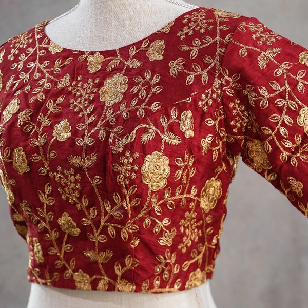 Maroon Embroidered Saree Blouse | Back-open Readymade Blouse | Princess cut Indo Western Blouse | Indian Crop Top| | Ethnic Crop Top