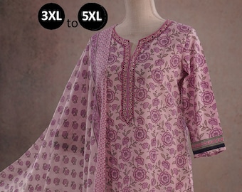 Plus Size Pure Cotton Pink Floral Ethnic Print Kurta Pants Dupatta | Indian Ethnic Summer Women Kurta | Bollywood dress Pakistani suit women