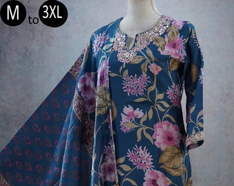 Pure Cotton Teal Blue floral Print Pockets Kurti Afghan Pants Dupatta Indian Ethnic Wear | Women Kurta Bollywood dress Pakistani suit women