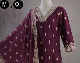 Dark Burgundy Embroidered Premium Rayon Dobby Kurta Palazzo Kota Doriya Dupatta | Indian Party Ethnic Wear | Women Kurta | Pakistani suit