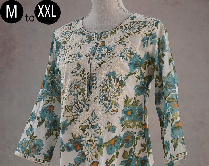 Multi-Size Floral Chikankari Kurti Top | Indian Shirt for Women | Famazacouture