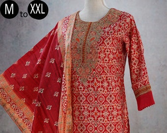Red Patola Print Modal Muslin Hand Embroidery Kurti Palazzo Dupatta Indian Ethnic Women Festive Party Wear Silk Kurta | Wedding Dress Kurta
