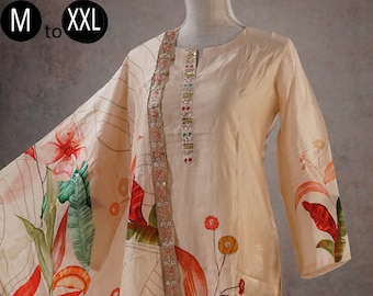 Silk Cream Tan Off-white Digital Print Kurti Palazzo Dupatta Indian Ethnic Women Festive Party Wear Kurta | Pakistan Festive Dress Kurta