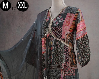 Alia Natural Crepe Charcoal Gray Placement Kurti Palazzo Dupatta set No Slit Indian Festive Formal Women Party Designer Kurthi | Naira Dress