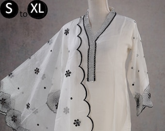 White Pure Organza Black Floral Embroidered Kurti Palazzo Dupatta Indian Ethnic Women Party Wear Silk Kurta Pakistan Festive Dress Kurta