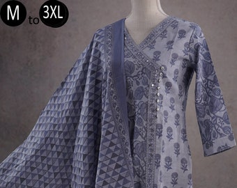 Pur coton bleu acier ethnique Angrakha Jaipuri impression Kurta Palazzo Mul coton Dupatta indien ethnique vêtements d'été femmes Kurta costume pakistanais