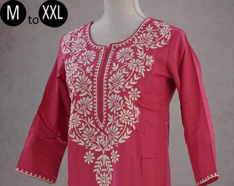 Rayon Fuchsia Pink Chikankari embroidery Kurti Indian Light-weight kurta casual summer Indo Western woman work Kurta Womens Kurti Formal