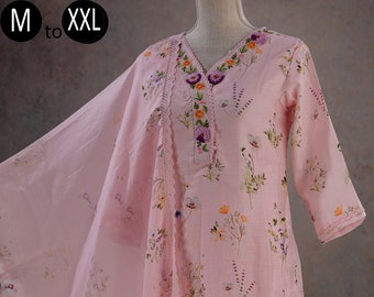 Linen Baby Pink Floral Print Embroidery Kurta Palazzo Cotton Dupatta Summer Party set | Indian Ethnic Summer Wear Women Kurta Pakistani suit