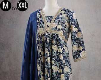 Pure Muslin Alia Naira cut Blue Muslin High-slit Kurti Palazzo Dupatta set  | Indian Formal | Women Party Designer Kurthi | No Slit Dress