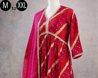 Modal Muslin Alia cut Magenta Pink Leheriya Kurti Palazzo Dupatta set  | Indian Formal | Women Party Designer Kurthi | No Slit Flared Dress