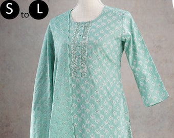 Turquoise Green Pure Cotton Kurti Afghani Palazzo Dupatta Black Print set | Indian Ethnic Wear | Women Bollywood Kurta | Pakistani dresses