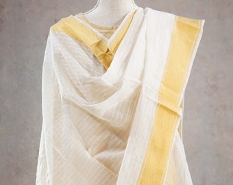 Cotton Chanderi White Gold Borders Checked Tasseled Dupatta, Silk Scarf, Woven Shawl, Gold Zari Dhupatta, Neck Scarf Shawl, Gift for Her