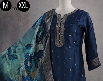 Dark Dark Blue Silk Jacquard Embroidered Kurti Palazzo Digital Print Dupatta Indian Ethnic Women Festive Party | Silk Kurti | Wedding Dress