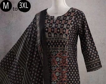 Pure Cotton Black Ethnic Jaipuri Print Kurta Palazzo Mul Cotton Dupatta Indian Ethnic Summer Wear Women Kurta Pakistani suit