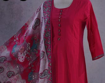 Magenta Cotton Anarkali Kurta Palazzo with Muslin Dupatta