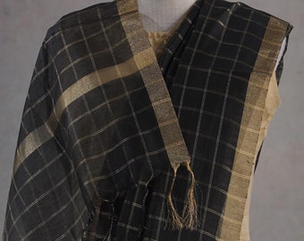 Beige, White, Black Silk Blend Checked Tasseled Festive Dupatta, Woven Silk Scarf, Shawl Gold Zari Dhupatta Neck Scarf Shawl, Gift for Her